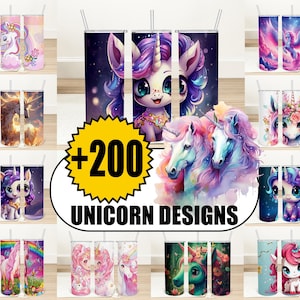 Plus de 200 verres licorne Wrap Png Bundle, Licorne mignonne 20 oz verres skinny sublimation designs, licorne 20 oz Tmbler Png, téléchargement numérique