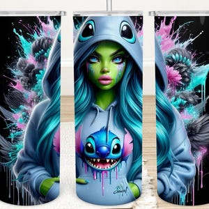 May include: A blue and green character with blue hair and a blue hoodie featuring a Stitch character on the front. The character is surrounded by colourful paint splatters against a black background.