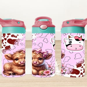 Baby Cow Girl 12oz Flip Top Sippy Cup Wrap, Cute Highland Cow 12oz Kids Tumbler Wrap, Cow and Flowers 12oz Sippy Cup Png, Digital Download