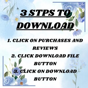 Op de afbeelding: Een blauwe en witte bloemenachtergrond met de tekst "3 STPS TO DOWNLOAD" in zwart. De tekst hieronder somt drie stappen op om een digitaal product te downloaden: 1. Klik op Aankopen en beoordelingen, 2. Klik op de knop Bestand downloaden, 3. Klik op de knop Downloaden.