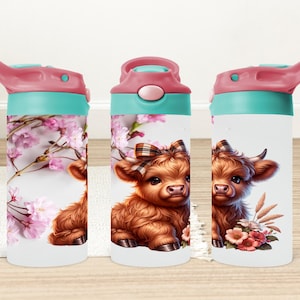 Floral Highland Cow Sippy Cup Wrap: 12oz Kids Tumbler (Digital Download)