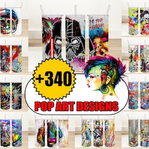 May include: A collection of 20 different pop art designs for sublimation tumblers. The designs feature a variety of colorful and abstract patterns, including a portrait of a woman with a colorful hairstyle, a portrait of Darth Vader, and a design with the text "I'm Your Tribe".