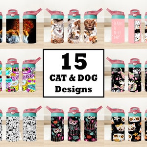 Vaso con tapa abatible de 12 oz con diseño de gato y perro, diseños de sublimación para vasos con tapa abatible de 12 oz con diseño de gato, vaso con tapa abatible de 12 oz con diseño de perro, descarga digital
