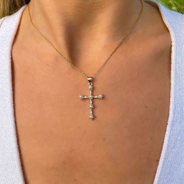 Elegant Gold Cross Necklace with Pearl - Handmade Spiritual Jewelry, Perfect Religious Gift for Women