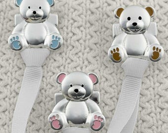 Teddy Bear Silver Pacifier Clip - Brown, Blue, Pink - Bestselling Baby Charm Binky Holder