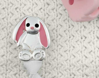 Pink Bunny Pacifier Clip - Silver Plated with Pink Enamel Ears - Adorable Baby Girl Gift!