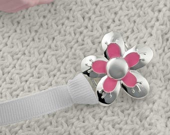 Flower Silver Pacifier Clip + Pink Enamel Inlay - Baby Girl Gift - Binky Holder - Dummy Chain