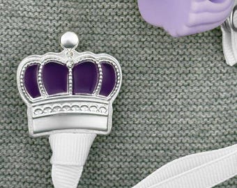 Prince Crown Silver Pacifier Clip - Silver Plated + Royal Purple Enamel - Baby Boy Royalty Gift