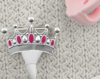 Princess Tiara Silver Pacifier Clip - Silver-plated with Pink Enamel "Jewels" - Royal Baby Girl Gift