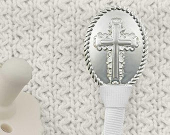 Christening Cross Pacifier Clip - Silver-plated and White Enamel - Heirloom Baptism Baby Gift