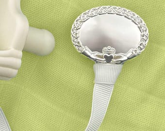 Erin Heirloom Pacifier Clip — Personalized Irish Claddagh — Silver Baby Keepsake — Retiring Style