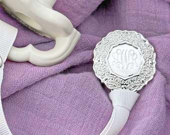 Engraved Silver Pacifier Clip - "Elizabeth" the Royal Collection - Custom Baby Accessory, Personalized Dummy Clip