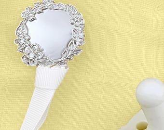 Silver Pacifier Clip: "Lilibet" Heirloom Silver-Plated Pacifier Clip, Floral Dummy Clip, Boutique Girly Baby Gift