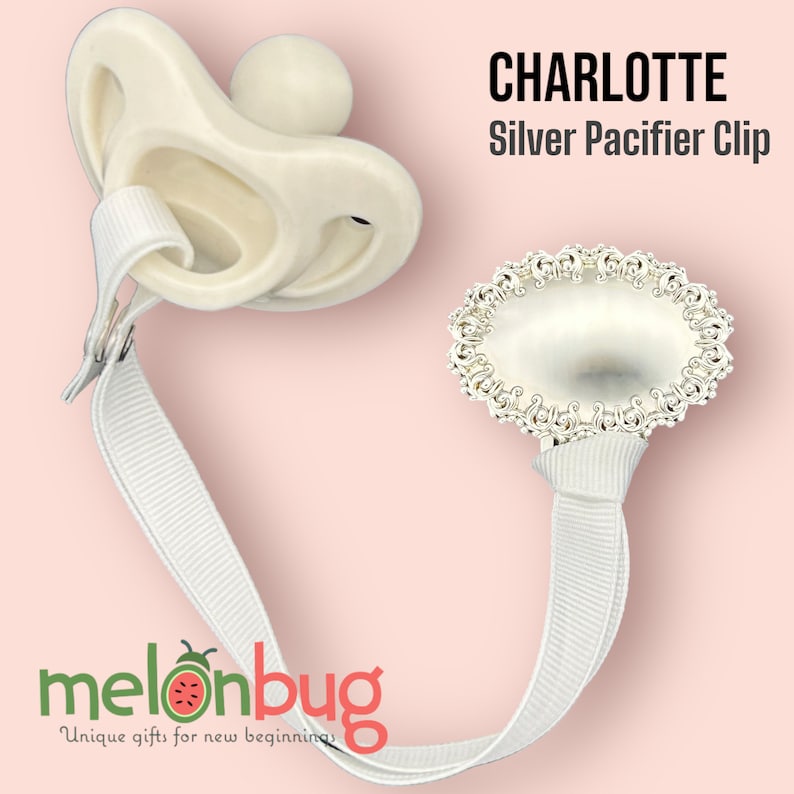 Silver Pacifier Clip CHARLOTTE The Royal Collection Engravable Binky Dummy Clip, Personalizable Heirloom Christening Baptism Baby Gift image 7