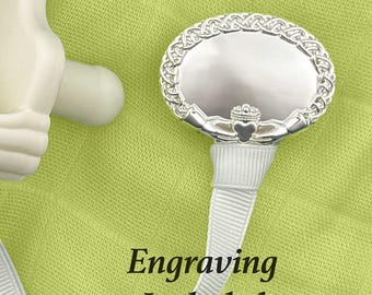Engraved Silver Pacifier Clip: "Kate" Irish Claddagh Baby Accessory, Customized Dummy Clip, Personalized Baby Shower Gift