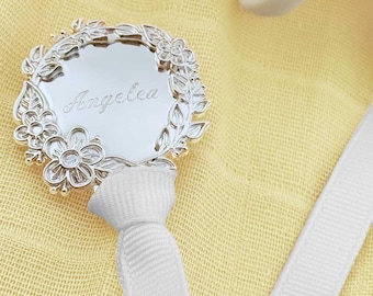Custom Engraved Silver Pacifier Clip: "Lilibet" Heirloom Dummy Clip, Christening Keepsake, Baby Shower Elegant Gift