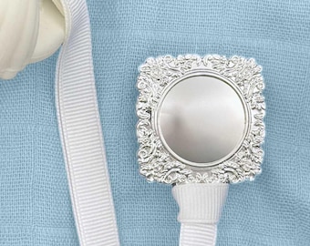 Silver Pacifier Clip: "George" Heirloom Pacifier Clip, Keepsake Dummy Clip, Ornate & Elegant Baby Shower Gift