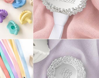 Melonbug Deluxe Bundle — Two Heirloom Pacifier Clips + Bappies Pacifier Set + 4 Ribbons — Baby Shower Gift