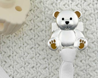 Brown Teddy Bear Silver Pacifier Clip - Neutral Baby Binky Holder, Bestseller Dummy Clip