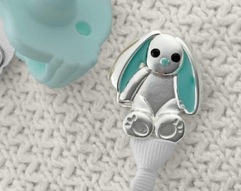 Blue Bunny Pacifier Clip - Silver Plating + Blue Enamel Ears - Adorable Baby Boy Accessory!