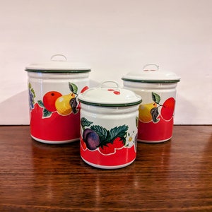 Set of 3 Nesting Enamel Canisters • Blue Sky Kitchen • Retro/Vintage Vibe • Retro Kitchen Decor • Vintage Kitchen Storage