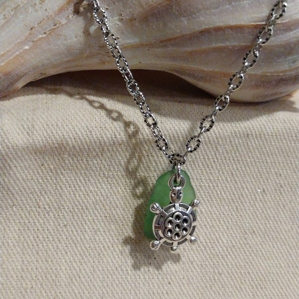Soft Kelly Green Sea Glass Necklace, Silver Plated Sea Turtle Charm, Genuine Surf Tumbled Seaglass Jewelry, Terrapin Reptile Pendant