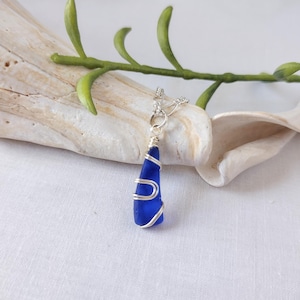 Cobalt Blue Geometric Sea Glass Necklace, Minimalist Jewel Tone Beachwear Jewelry, Triangle Silver Wire Wrapped Beach Pendant