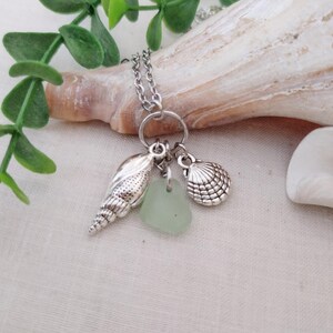Pastel Green Sea Glass Necklace, Silver Plated Sea Shell Charms Pendant, Whelk & Clam Shell Jewelry, Seafoam Beach Glass Gift for Her