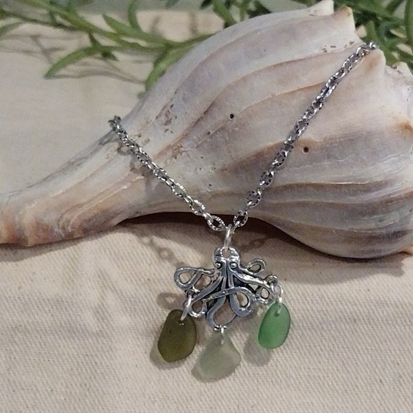 Genuine Puerto Rican Sea Glass Jewelry, Stunning Silver Plated Octopus Necklace, Olive Kelly & Mint Green Seaglass Pendant, Tentacle Jewels