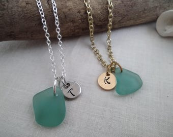 Personalized Aqua Sea Glass Necklace: Initial Pendant, Silver or Gold