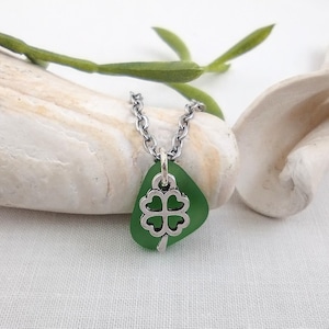 Shamrock Green Sea Glass Necklace, Minimalist St. Patrick's Day Pendant, Celtic Clover Pendant, Irish Beach Jewelry, Lucky Coastal Accessory