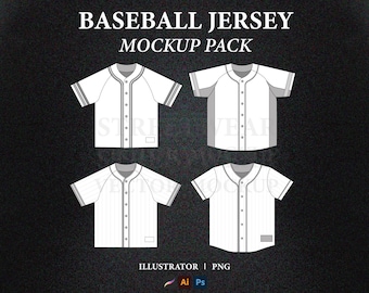 May include: Four baseball jersey mockups in white with gray trim. The jerseys have a button-up front and short sleeves. The mockups are on a black background.