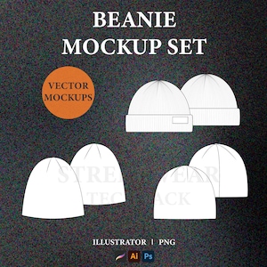 May include: A set of four white beanie hat mockups. The hats are shown in different angles and positions. The text "BEANIE MOCKUP SET" is at the top of the image. The text "VECTOR MOCKUPS" is in a circle at the top left of the image. The text "ILLUSTRATOR | PNG" is at the bottom of the image.
