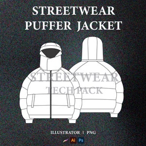 Wattierte Jacke Mockup Vektor Streetwear Tech Pack Mockup Kleidung Design Fashion Tech Pack Vorlage Technische Zeichnung Illustrator File