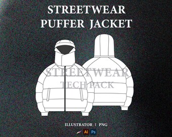 Paquete tecnológico de chaqueta acolchada de estilo urbano: Plantilla de diseño de moda (Illustrator, PNG)
