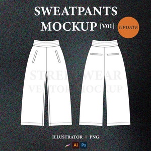 May include: A mockup template for sweatpants, showing a front and back view. The template is white and has a simple design. The text "SWEATPANTS MOCKUP [V01] UPDATE" is at the top of the image.