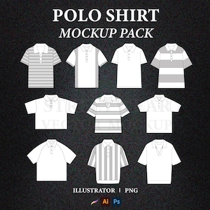 May include: A mockup pack of ten polo shirts in various styles and colours. The shirts are all in a flat lay, with the collars up and the sleeves down. The shirts are all white, with different coloured stripes or patterns. The text "POLO SHIRT MOCKUP PACK" is at the top of the image.
