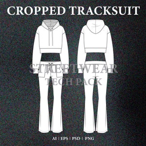 Puede incluir: Un diseño de chándal corto blanco con una sudadera con capucha y pantalones acampanados. El texto "CROPPED TRACKSUIT" está en la parte superior, y "STREETWEAR TECH PACK" en el medio. En la parte inferior están los formatos de archivo: AI | EPS | PSD | PNG.