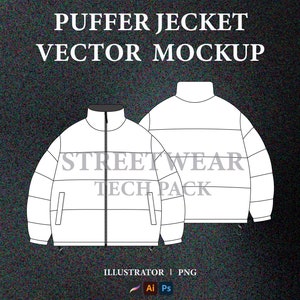 Streetwear-Pufferjacke Vektor Mockup Streetwear Tech Pack Kleidung Design Fashion Tech Pack Vorlage Technische Zeichnung Illustrator-Datei