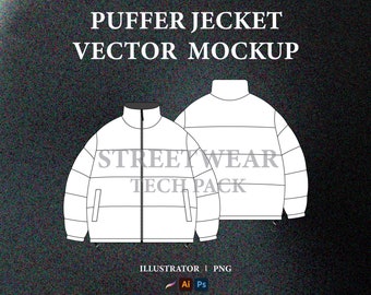 Streetwear Puffer Jacket Vector Mockup Streetwear Tech Pack Clothing Design Fashion Tech Pack Template Technical Drawing Illustrator File