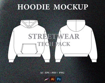 Streetwear Hoodie Vector Mockup Hoodie Tech Pack Template Download Fashion Flat Sketch Digital Files PNG for Procreate Illustrator Photoshop