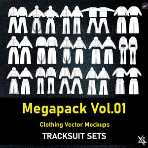 Puede incluir: Un conjunto de 24 maquetas de chándal en blanco y negro. Las maquetas son para el diseño de ropa y presentan diferentes estilos de sudaderas con capucha, sudaderas y pantalones. El texto "Megapack Vol.01" y "Tracksuit Sets" está en la parte inferior de la imagen.