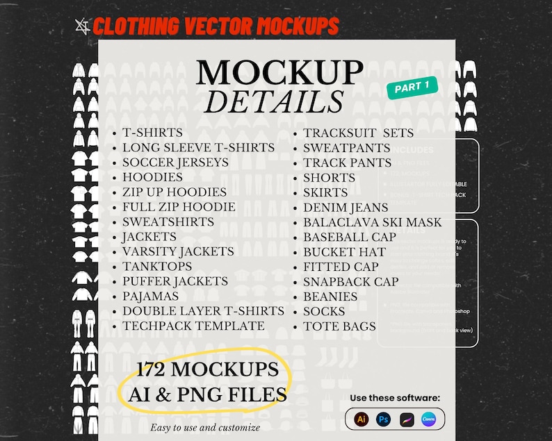 Full Store Clothing Vector Mockup Pack Streetwear Tech Pack Vector Mockup Clothing Brand Mockup Fashion TechPack Technical Drawing Illustrator File.