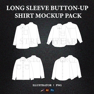 May include: A digital mockup pack featuring four different long sleeve button-up shirt designs. Each design is shown from the front and back, with variations including pocket styles. The text "LONG SLEEVE BUTTON-UP SHIRT MOCKUP PACK" is at the top.
