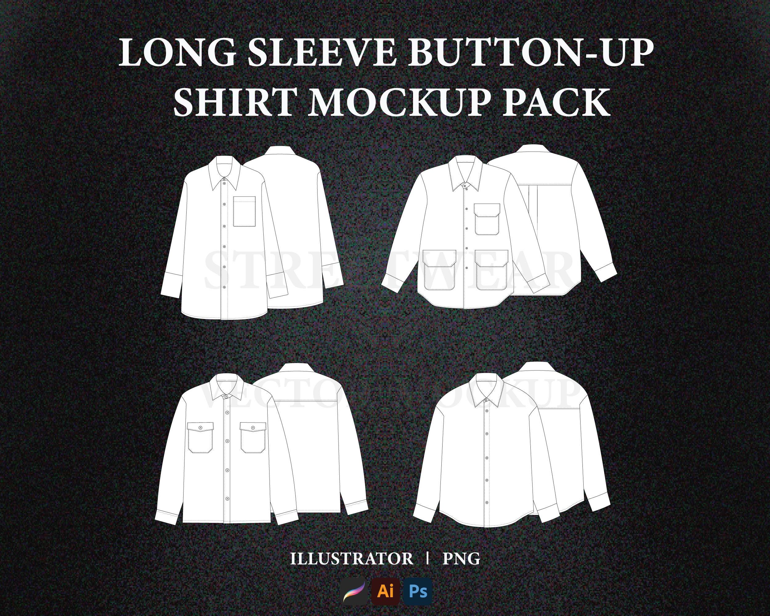 Long Sleeve Button-up Shirt Mockup Pack: Editable Vector Fashion Flat ...