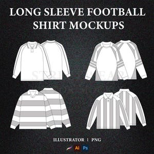 Può includere: Quattro mock-up di maglie da calcio a maniche lunghe. Due maglie sono bianche semplici, una ha strisce orizzontali e una ha strisce verticali.