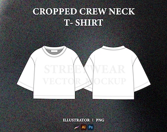 May include: A white cropped crew neck t-shirt mockup with short sleeves. The text "STREETWEAR VECTOR MOCKUP" is printed on the front and back of the shirt.