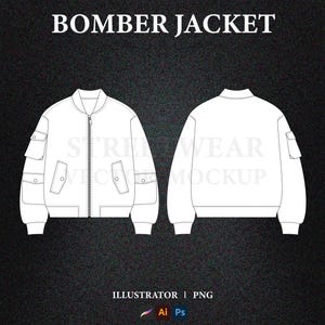 May include: White bomber jacket mockup with front and back views. The jacket features a zipper closure, multiple pockets, and ribbed cuffs and hem. The text "BOMBER JACKET" is at the top. Below is the text "STREETWEAR VECTOR MOCKUP".