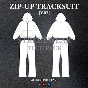 Streetwear Zip-Up Tracksuit Vector Mockup Streetwear Clothing Mockup Design Fashion Tech Pack Template Technical Drawing Illustrator File