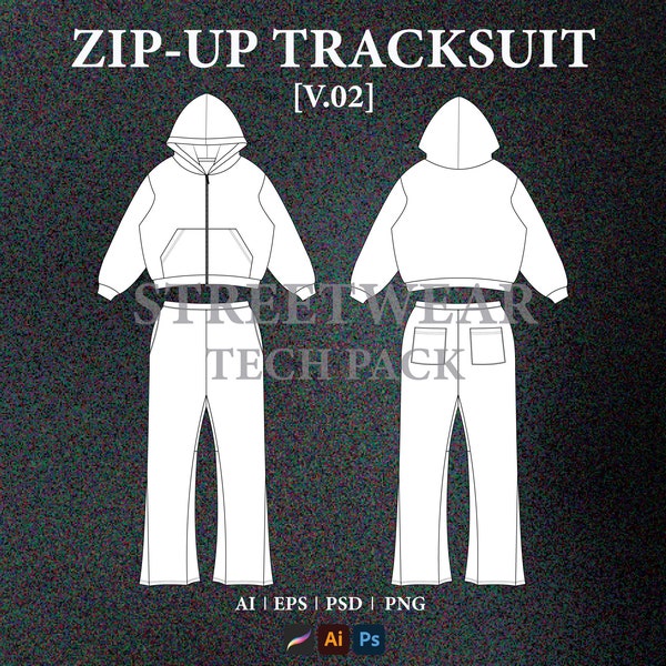 Streetwear Zip-Up Tracksuit Vector Mockup Streetwear Clothing Mockup Design Fashion Tech Pack Template Technical Drawing Illustrator File